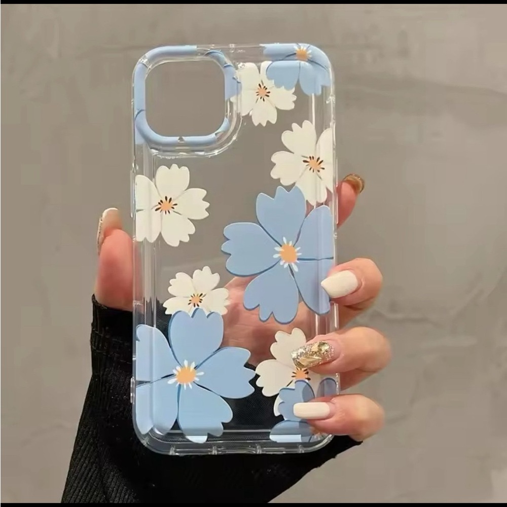 Blue Flower Pattern Transparent Phone Case for IPhone 13pro